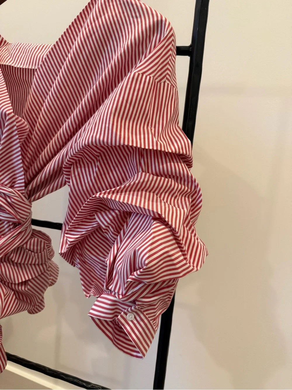 Zara Red and White Striped Wrap Blouse with Voluminous Puff Sleeves